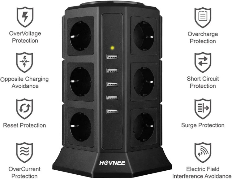 چندراهی برق HOVNEEبا محافظ نوسان برق و ۵ پورت شارژ USB