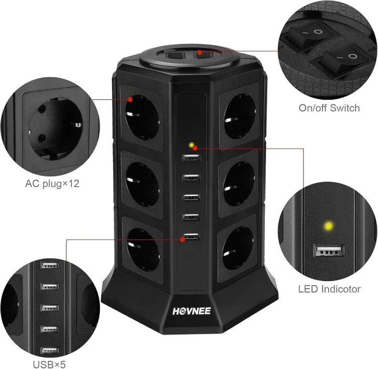 چندراهی برق HOVNEEبا محافظ نوسان برق و ۵ پورت شارژ USB